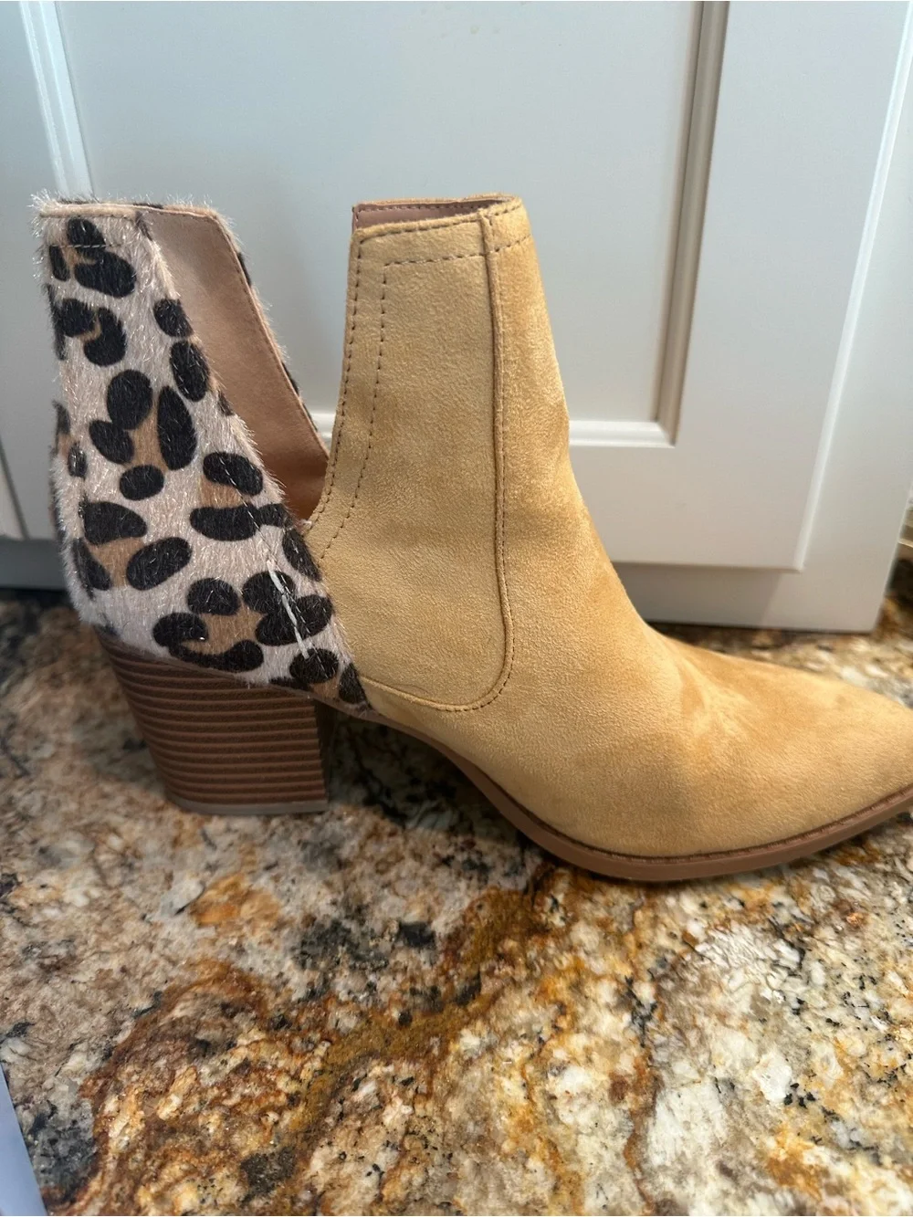 Women's Yellow Suede Ankle Boots with Leopard Heel Accent